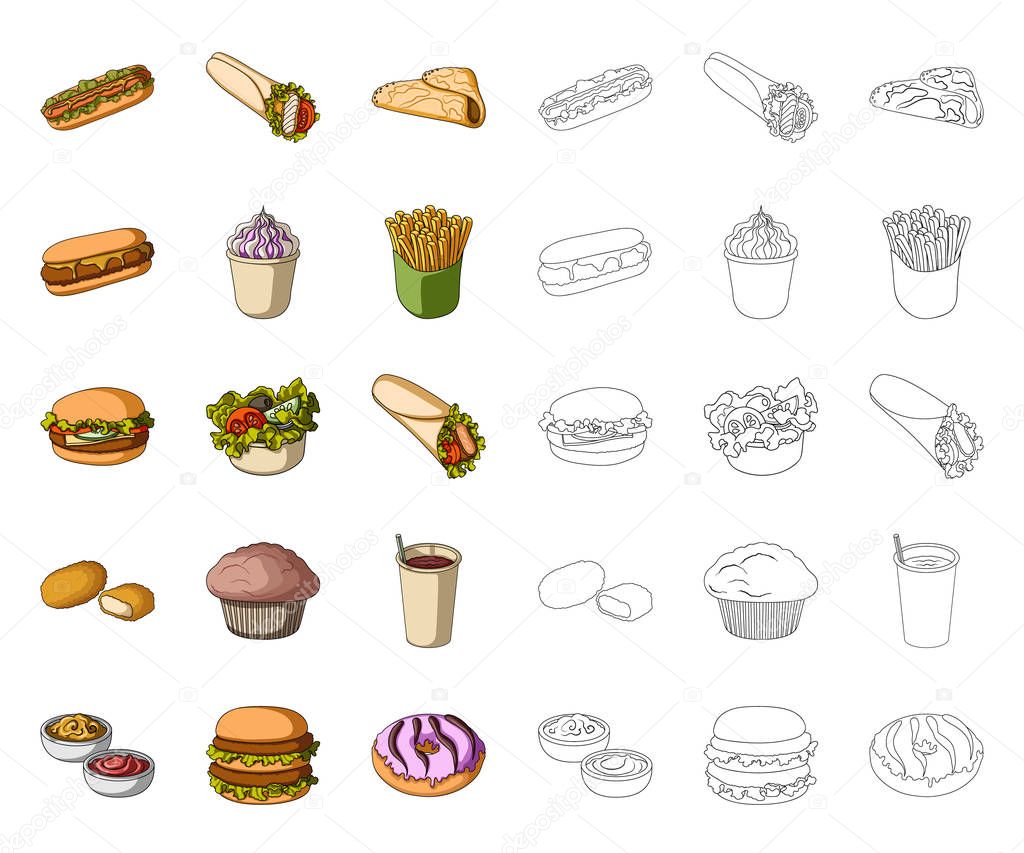 Fast food cartoon,outline icons in set collection for design.Food from semi-finished products vector symbol stock web illustration.