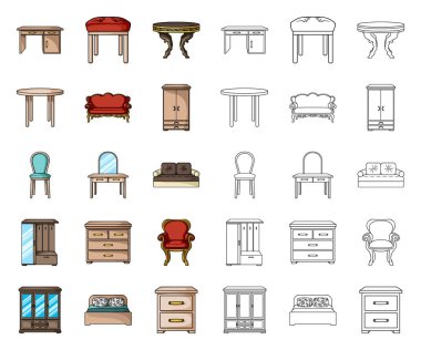 Mobilya ve iç çizgi film, anahat simgeleri toplama tasarımı için ayarlayın. Ev mobilyaları vektör simge stok web çizimi.