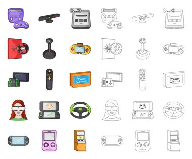 Oyun konsolu ve sanal gerçeklik çizgi film, set koleksiyonu tasarım için anahat simgeleri. Oyun gadget'lar sembol stok web illüstrasyon vektör.