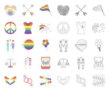 Gay ve lezbiyen çizgi film, anahat simgeleri toplama tasarımı için ayarlayın. Cinsel azınlık ve öznitelikleri sembol stok web illüstrasyon vektör.