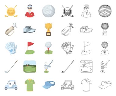 Golf ve öznitelikleri çizgi film, set koleksiyonu tasarım için anahat simgeleri. Golf Kulübü ve ekipman sembol stok web illüstrasyon vektör.