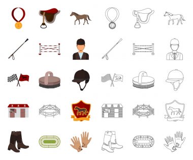 Hipodrom ve at çizgi film, set koleksiyonu tasarım için anahat simgeleri. Sembol stok web illüstrasyon vektör at yarışı ve ekipman.