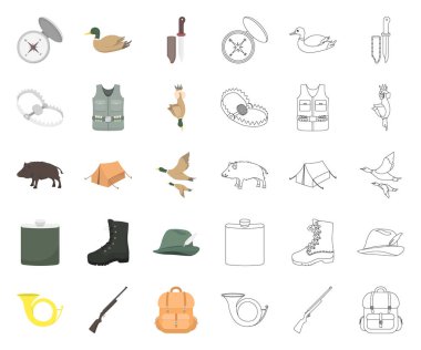 Avcılık ve kupa çizgi film, set koleksiyonu tasarım için anahat simgeleri. Avcılık ve ekipman sembol stok web illüstrasyon vektör.