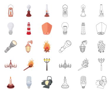 Işık kaynağı çizgi film, set koleksiyonu tasarım için anahat simgeleri. Işık ve ekipman sembol stok web illüstrasyon vektör.