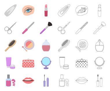 Makyaj ve kozmetik çizgi film, set koleksiyonu tasarım için anahat simgeleri. Makyaj ve ekipman sembol stok web illüstrasyon vektör.