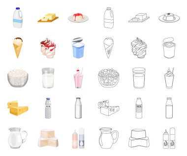 Süt ürün çizgi film, anahat simgeleri design.Milk ve gıda vektör simge stok web çizim için küme toplama.