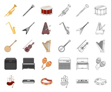 Müzik aleti çizgi film, set koleksiyonu tasarım için anahat simgeleri. Sembol stok web illüstrasyon vektör dize ve Nefesli/Üflemeli Saz.