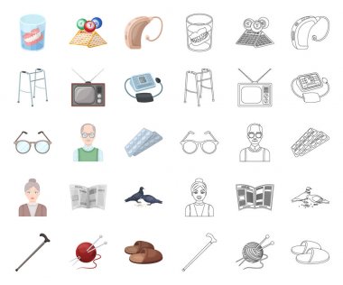 İnsan yaşlılık çizgi film, set koleksiyonu tasarım için anahat simgeleri. Emekli, hayat vektör simge stok web resimde nokta.