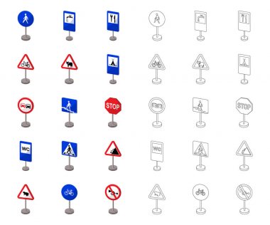 Yol işaretleri farklı türde karikatür, set koleksiyonu tasarım için anahat simgeleri. Uyarı ve yasağı işaretler sembol stok web illüstrasyon vektör.