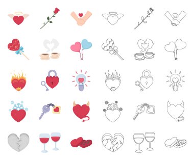 Romantik ilişki çizgi film, set koleksiyonu tasarım için anahat simgeleri. Sevgi ve dostluk sembolü hisse senedi web illüstrasyon vektör.