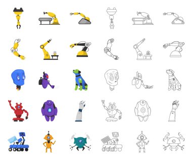 Robot ve fabrika simge vektör Illustration. Web için robot ve uzay hisse senedi simgesi kümesi.