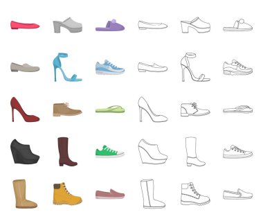 Ayakkabı karikatür çeşitli, tasarım için set koleksiyonda anahat simgeleri. Boot, spor ayakkabıları vektör sembol stok Web illüstrasyon.