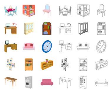 Mobilya ve iç çizgi film, anahat simgeleri toplama tasarımı için ayarlayın. Ev mobilyası izometrik sembol stok web illüstrasyon vektör.