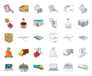 Lojistik ve teslim çizgi film, set koleksiyonu tasarım için anahat simgeleri. Taşıtlar ve donatımı izometrik vektör simge stok web çizim.