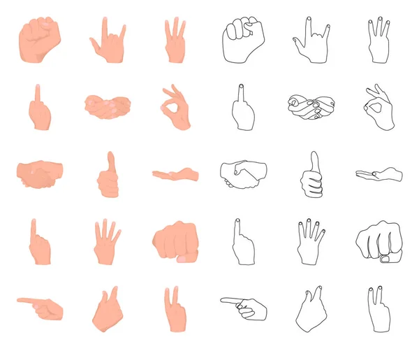 Χέρι σε χειρονομία γελοιογραφία, περίγραμμα εικονίδια στη συλλογή σετ για σχεδιασμό. Παλάμη και το δάχτυλο σύμβολο μετοχής web εικονογράφηση διάνυσμα. — Διανυσματικό Αρχείο