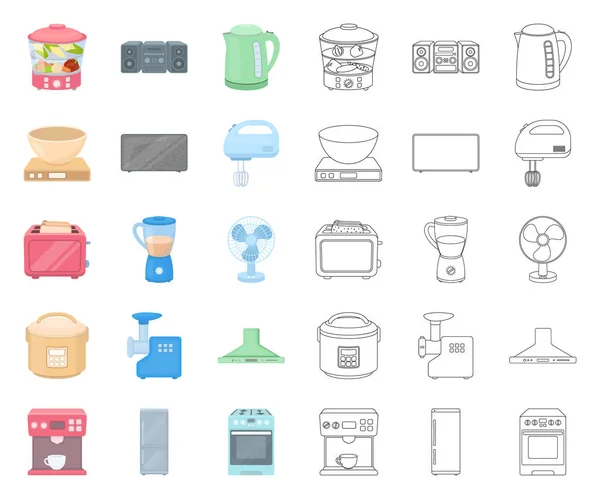 Tipos de dibujos animados electrodomésticos, iconos de contorno en la colección de conjuntos para el diseño. equipo de cocina vector símbolo stock web ilustración . — Vector de stock