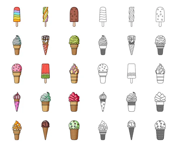 Verschillende ijs tekenfilm, overzicht pictogrammen in set collectie voor design. Dessert en zoetheid symbool voorraad web vectorillustratie. — Stockvector