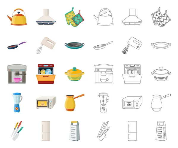 Kök utrustning, tecknad disposition ikoner i set samling för design. Kök och tillbehör vektor symbol lager web illustration. — Stock vektor