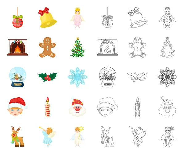 Attributi di Natale e accessori cartone animato, icone contorno in collezione set per il design. Buon Natale vettore simbolo stock web illustrazione . — Vettoriale Stock