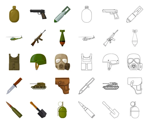 Dibujos animados del ejército y el armamento, esbozan iconos en la colección de conjuntos para el diseño. Armas y equipo vector símbolo stock web ilustración . — Vector de stock