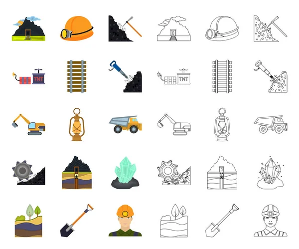 Dibujos animados de la industria minera, esbozar iconos en la colección de conjuntos para el diseño. Equipo y herramientas vector símbolo stock web ilustración . — Vector de stock