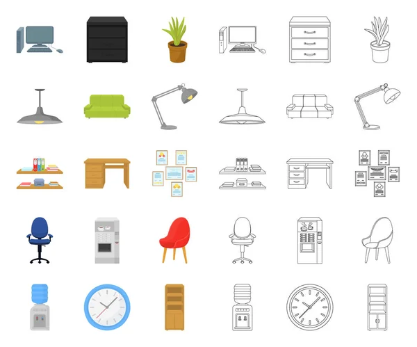 Interior de la caricatura del lugar de trabajo, esbozar iconos en la colección de conjuntos para el diseño. Muebles de oficina vector símbolo stock web ilustración . — Archivo Imágenes Vectoriales