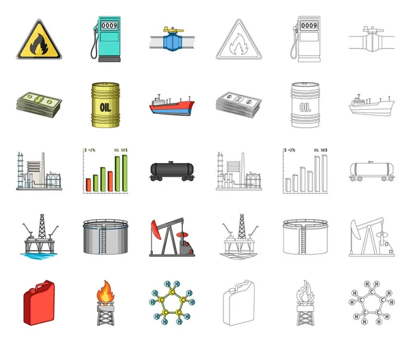Карикатура нефтяной промышленности, наброски икон в коллекции наборов для дизайна. Иллюстрация векторных символов запасов оборудования и нефти . — стоковый вектор