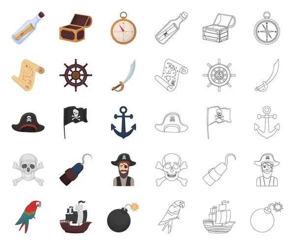 Pirata, desenho animado ladrão do mar, ícones esboço na coleção de conjuntos para o design. Tesouros, atributos símbolo vetorial ilustração web . —  Vetores de Stock