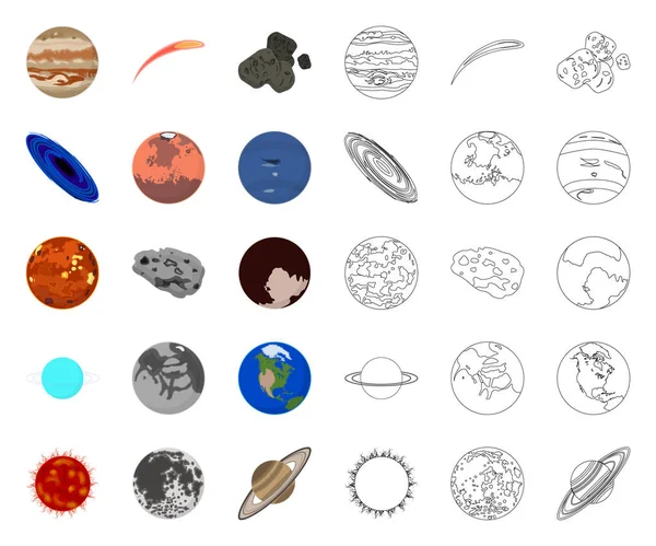 Los planetas de la caricatura del sistema solar, esbozan iconos en la colección de conjuntos para el diseño. Cosmos y astronomía vector símbolo stock web ilustración . — Vector de stock