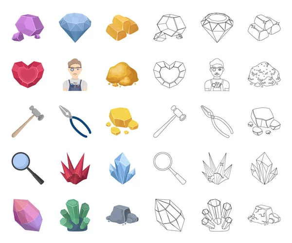 Değerli mineraller karikatür, set koleksiyonu tasarım için anahat simgeleri. Kuyumcu ve ekipman sembol stok web illüstrasyon vektör.