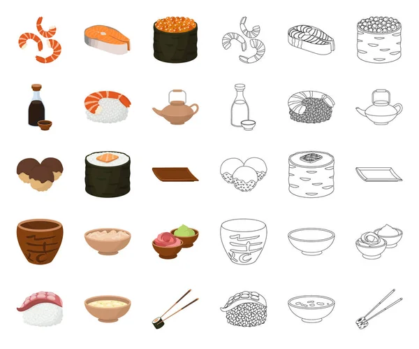 Sushi i przyprawy kreskówka, ikony Konspekt w kolekcja zestaw do projektowania. Owoce Jedzenie, akcesoria wektor symbol akcji web ilustracja. — Wektor stockowy