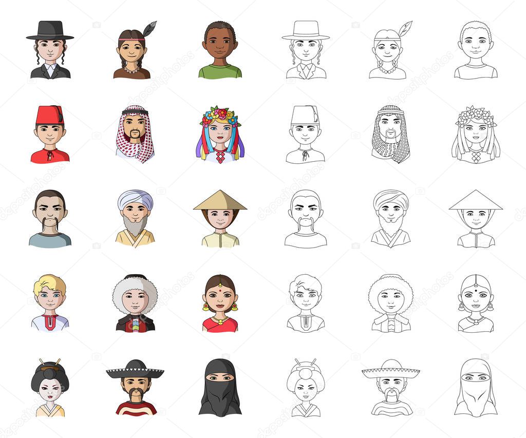 The human race cartoon,outline icons in set collection for design. People and nationality vector symbol stock  illustration.