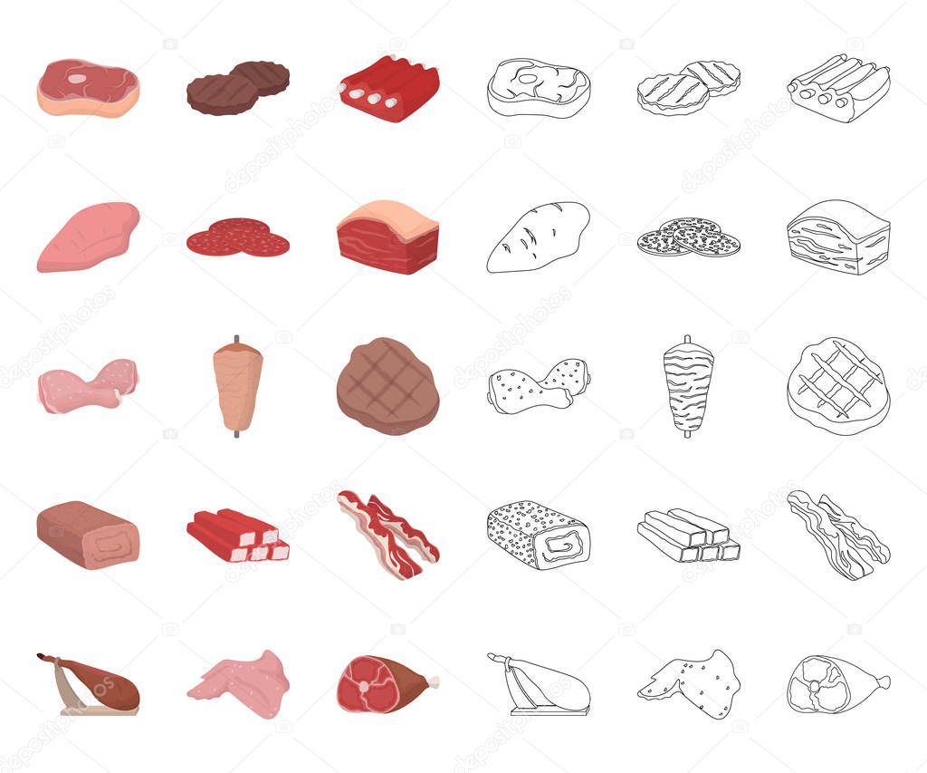 Different meat cartoon,outline icons in set collection for design. Meat product vector symbol stock  illustration.