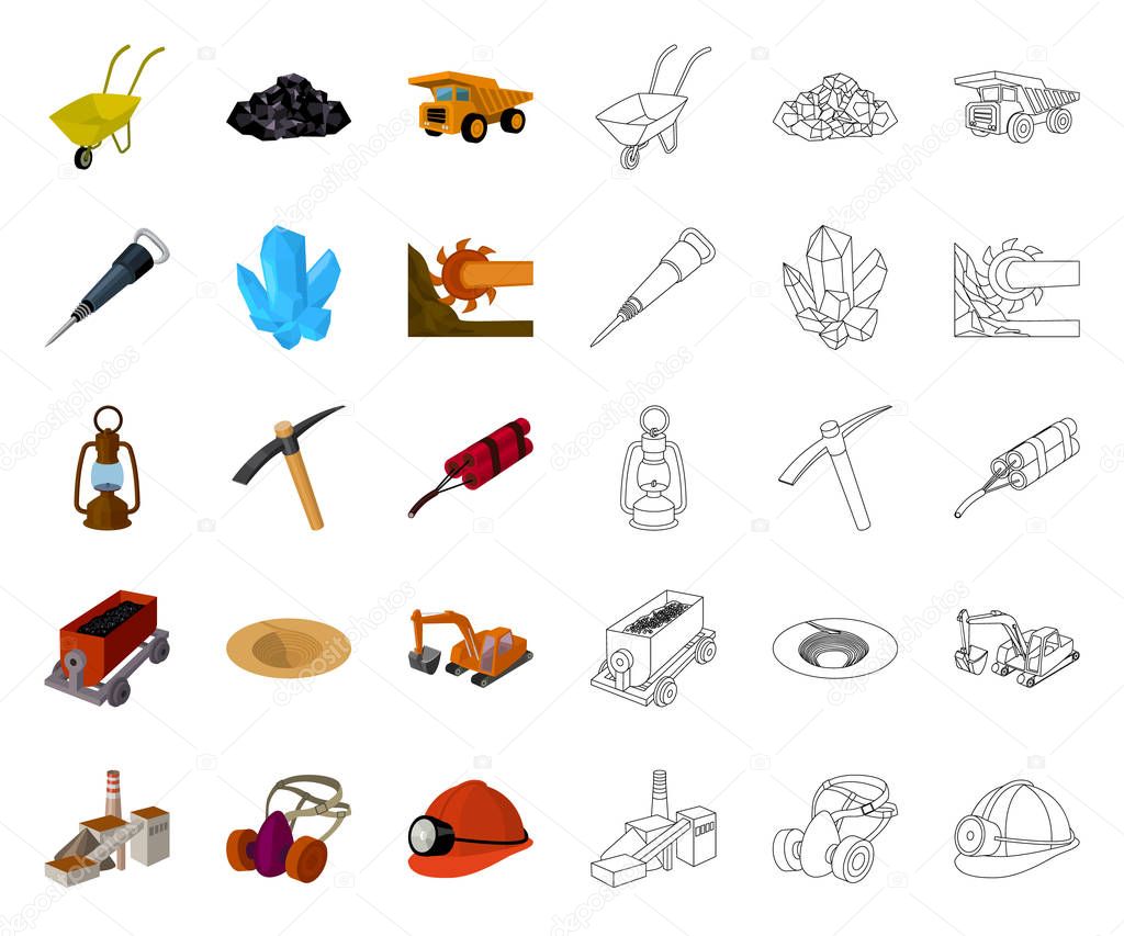 Mining industry cartoon,outline icons in set collection for design. Equipment and tools vector symbol stock web illustration.