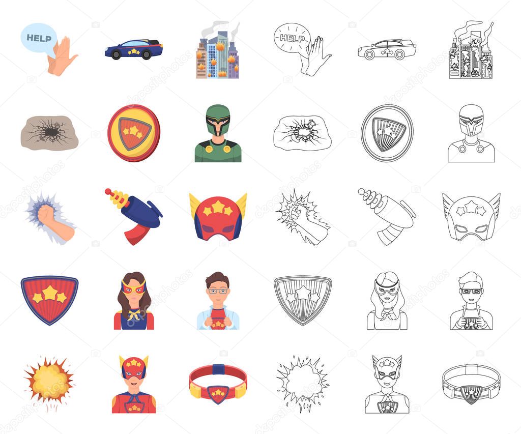 A fantastic superhero cartoon, outline icons in set collection for design. Superheros equipment vector symbol stock web illustration. A fantastic superhero cartoon, outline icons in set collection for design. Superheros equipment vector symbol stock web illustration.