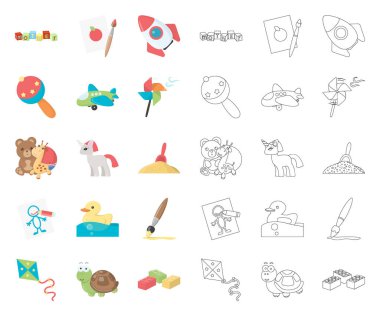 Çocuk çizgi film, set koleksiyonu tasarım için anahat simgelerini oyuncak. Oyun ve önemsiz şey sembol stok web illüstrasyon vektör.