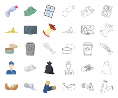 Çöp ve atık çizgi film, anahat simgeleri toplama tasarımı için ayarlayın. Temizlik çöp vektör simge stok web çizimi.