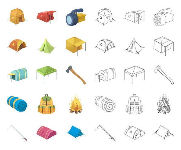 Différents types de tentes dessin animé, icônes de contour dans la collection de jeu pour la conception. Abri temporaire et logement symbole vectoriel illustration web stock . — Image vectorielle