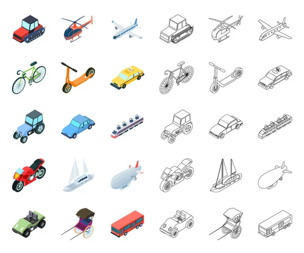 Różnych typów transportu kreskówka, ikony Konspekt w kolekcja zestaw do projektowania. Izometryczny vector samochodu i statek symbol ilustracja zasobów sieci web. — Wektor stockowy