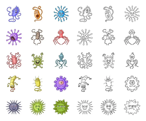 Jenis kartun mikroba lucu, ikon garis besar dalam koleksi set untuk desain. Mikroba patogen vektor simbol saham web ilustrasi . - Stok Vektor