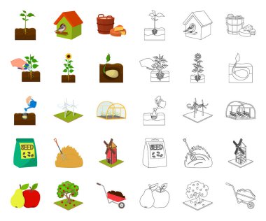 Çiftlik ve tarım çizgi film, set koleksiyonu tasarım için anahat simgeleri. Bahçe ve bitki izometrik vektör simge stok web çizim.