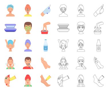 Cilt Bakımı çizgi film, set koleksiyonu tasarım için anahat simgeleri. Yüz ve vücut sembol stok web illüstrasyon vektör.