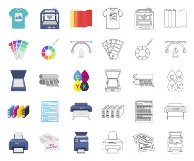 Matbaa ürünleri çizgi film, set koleksiyonu tasarım için anahat simgeleri. Sembol stok web illüstrasyon vektör yazdırma ve ekipman.