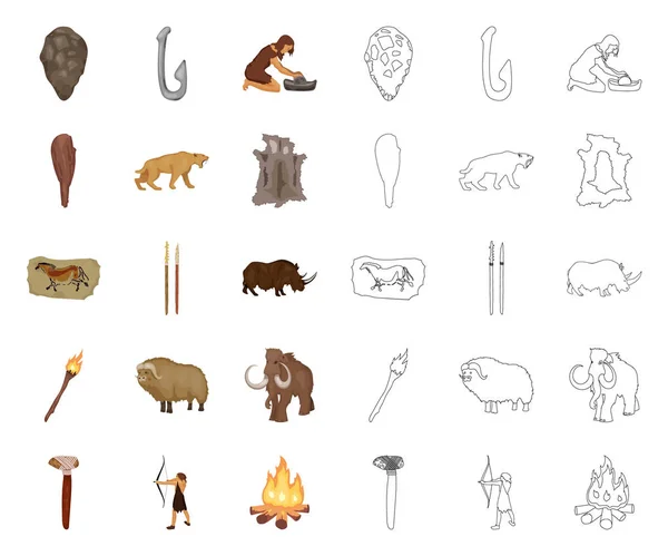 Life in the Stone Age desenhos animados, ícones esboço na coleção de conjuntos para o design. Pessoas antigas símbolo vetorial ilustração web . — Vetor de Stock