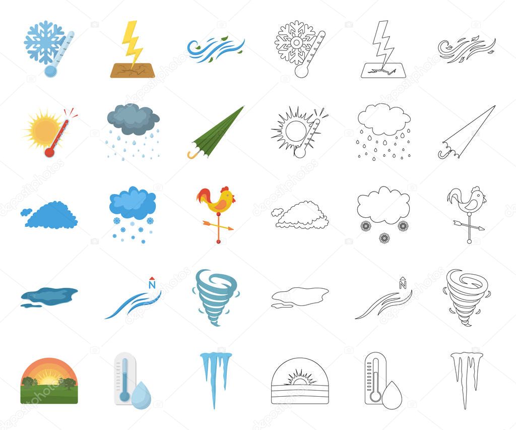 Different weather cartoon,outline icons in set collection for design.Signs and characteristics of the weather vector symbol stock  illustration.