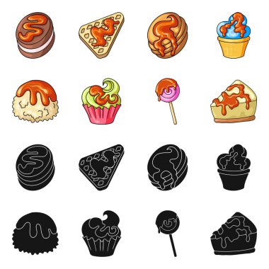 Şekerleme ve mutfak simgesi yalıtılmış nesne. Şekerlemeler ve hisse senedi için ürün vektör simge koleksiyonu.