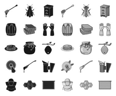 Apiary ve arıcılık black.mono simgeler tasarım için set koleksiyonunda. Ekipman ve bal vektör sembolü stok web illüstrasyon üretimi.