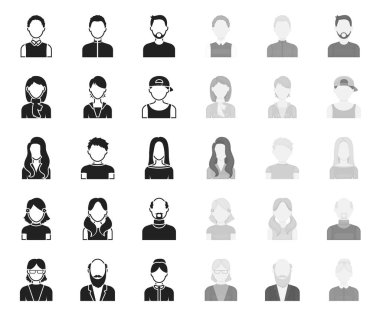 Avatar ve yüz siyah. mono simgeler tasarım için set koleksiyonunda. Bir kişi görünümü vektör sembolü stok Web illüstrasyon.