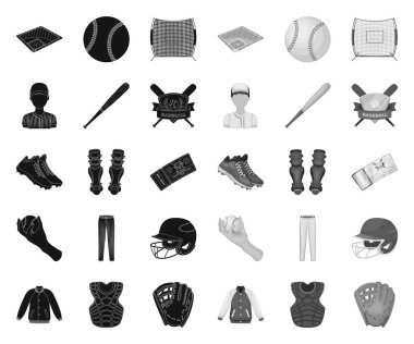 Beyzbol ve tasarım için set koleksiyonunda black.mono simgeleri öznitelikleri. Beyzbol oyuncu ve ekipman vektör sembolü stok web illüstrasyon.