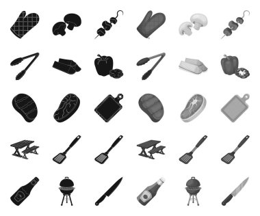 Barbekü ve ekipman black.mono simgeleri tasarım için set koleksiyonunda. Piknik ve kızarmış gıda vektör sembolü stok web illüstrasyon.